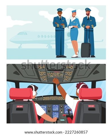 Airport Staff, Jet Plane Captain and Air Hostess. Air Service Staff. Pilot and Copilot in Airplane Cockpit. Aviation Aircrew Characters Wearing Uniform. Cartoon People Vector Illustration