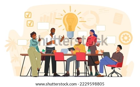 Brainstorming Team Concept. Business People Discussing Idea on Board Meeting in Office. Teamwork Project Development Process. Employees Work on Laptops and Communicate. Cartoon Vector Illustration