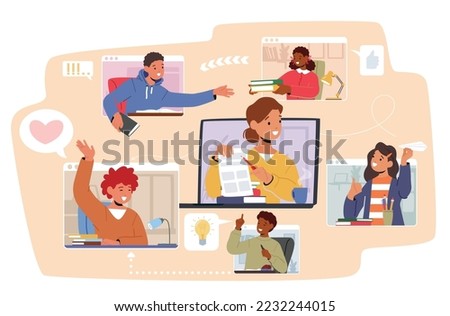 Online Education Concept. Video Conference With School Children. Girls and Boys Classmates Characters Communicate in Digital Virtual Classroom, Share Textbooks. Cartoon People Vector Illustration