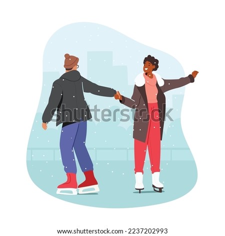 Male and Female Characters Skating on ice Rink at Wintertime Christmas Holidays Vacation. Loving Couple Winter Date, Man and Woman Romantic Sparetime. Cartoon People Vector Illustration