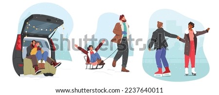 Set Loving Couple Winter Date, Romantic Sparetime. Man and Woman Characters Drinking Hot Tea Sitting in Car Trunk, Riding on Sled, Skating on Ice Rink. Cartoon People Vector Illustration