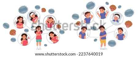 Set Kids with Monkeypox Virus Symptoms Concept. Sick Little Girls and Boys Characters with Allergy, Chickenpox or Monkey Pox Disease Fever, Rash, Chills, Headache. Cartoon People Vector Illustration