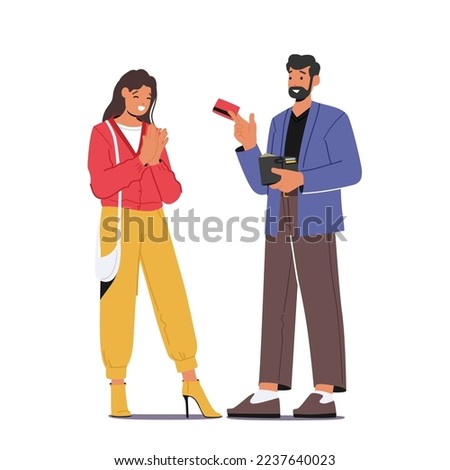 Husband or Friend Gives Credit Card To Cheerful Wife or Girlfriend. Man Paying Money To Woman. Characters Relations, Friendship or Lovers Relationship. Cartoon People Vector Illustration