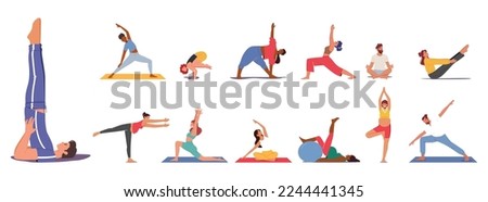 Set of People Practice Yoga Exercises. Male and Female Characters, Pregnant Women, Young Man Doing Asana, Standing and Sitting in Different Poses during Yoga Class. Cartoon Vector Illustration
