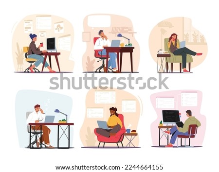 Set Working Process In Office Or Home Workplace. Men And Women Characters Working On Computers, Drink Coffee, Thinking. Freelancers Remote Homeworking Occupation. Cartoon People Vector Illustration
