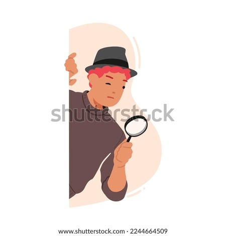 Detective, Secret Service Agent, Investigator or Business Competitor Peeking from behind of Wall with Magnifying Glass. Suspicious Male Character Spying. Cartoon People Vector Illustration