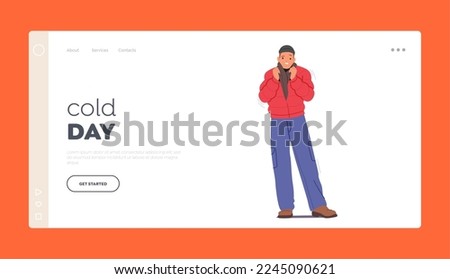 Cold Day, Weather, Freeze Season Concept for Landing Page Template. Freezing Male Character Wear Warm Winter Clothes, Scarf and Hat Suffer of Low Minus Degrees Temperature. Cartoon Vector Illustration
