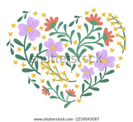 Shape of Heart Filled with Flowers, Spring Themed Graphic Design for Valentine Day Greeting Cards, Invitation. Cute Simple Style Bloom Blossoms Isolated on White Background Cartoon Vector Illustration