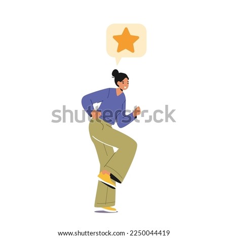 Young Woman or Teenager Girl Run with Yellow Star above Head Isolated on White Background. Customer Review and User Rate Service. Client Female Character Feedback. Cartoon People Vector Illustration