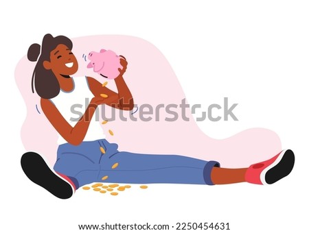 Female Character Sitting on Floor Shaking Piggy Bank with Money Falling Down. Savings, Stash, Wealth or Poverty Isolated Concept with African Woman and Pig Moneybox. Cartoon People Vector Illustration