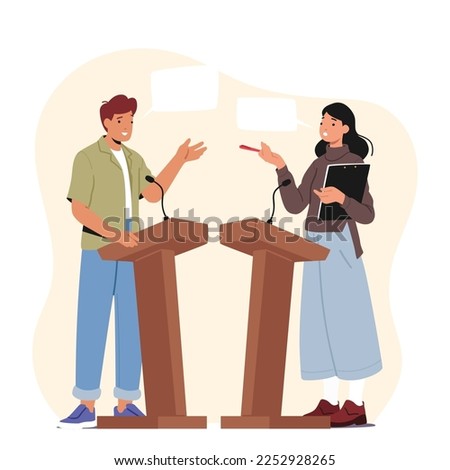 Male Female Politician Characters Debate On Rostrum for Gender Equality. Debate Before Vote Concept with Leaders Of Opposing Political Parties Talking On Public Debates. Cartoon Vector Illustration