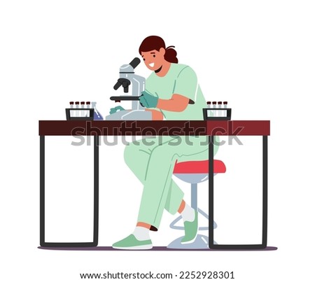 Scientist Female Character Testing Dairy Production in Laboratory. Expert Woman Sitting at Desk Looking in Microscope Analyzing Quality of Milk or Product in Lab. Cartoon People Vector Illustration