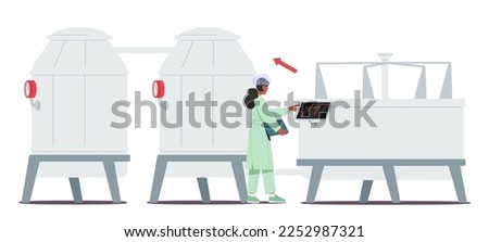 Manufacture, Industry and Dairy Food Production. Woman Technologist Switch On Tanks for Milk Pasteurization on Factory. Industrial Worker Machinery Technology. Cartoon People Vector Illustration