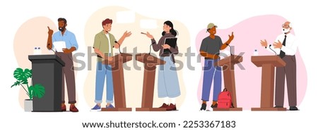 Set Political Debates Concept With Candidates Speaking Behind the Desks, Fighting For Leadership And Conquering Power, Speaker Characters Calling To Vote For Them. Cartoon People Vector Illustration