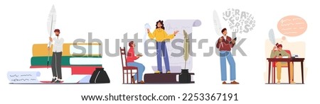 Set of Writer or Poets Male and Female Characters Reading And Writing Poetries. Creative Person at Workplace. Authors Create Book, Essay, Poems with Feather Pen. Cartoon People Vector Illustration