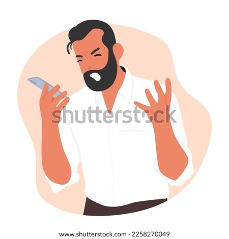 Angry Male Character with Furrowed Eyebrows And Scowl Face Shouting and Speaking With A Loud Sharp Tone by Mobile Phone. Anger, Sense Of Annoyance, Rage, Or Fury. Cartoon People Vector Illustration