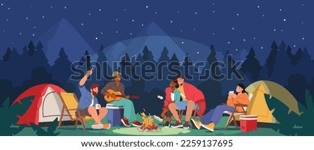 Young People Spend Time at Night Summer Camp in Deep Forest. Active Tourist Characters Sitting on Field with Tents, Playing Guitar at Campfire. Friends Company on Vacation. Cartoon Vector Illustration