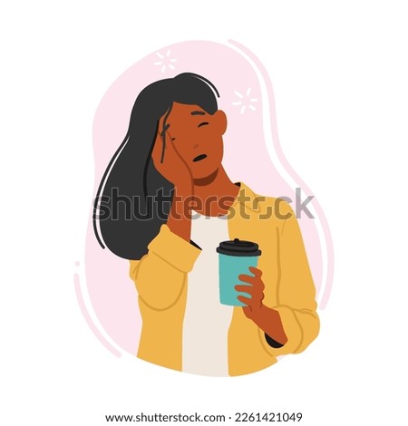 Sleepy Woman Drinking Coffee. Female Character With Tired Expression Holding Cup Of Hot Drink. Morning Routine, Lack Of Sleep, Caffeine Addiction, Fatigue Concept. Cartoon People Vector Illustration