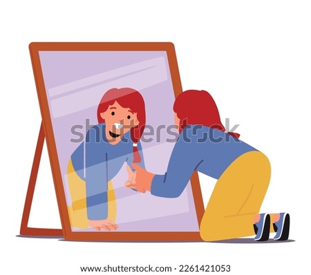 Little Girl Scrutinizing A Mirror, Examining her Reflection Located In Front Mirror Standing on Floor, Revealing Feelings Of Self-awareness Isolated On White Background. Cartoon Vector Illustration