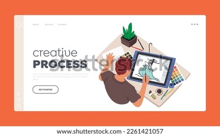 Creative Process Landing Page Template. Graphic Designer Male Character With Stylus Drawing on Tablet at Workplace Top View. Man Bring Creativity Ideas To Life. Cartoon People Vector Illustration