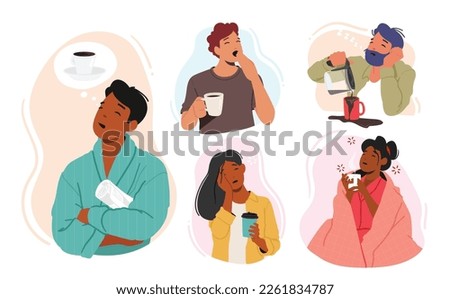Set of Tired Sleepy People Needing Coffee. Drowsy Male Female Characters In Need Of A Caffeine Fix or Energy Drinks. Struggle To Be Awake And Alert for Work Productivity. Cartoon Vector Illustration