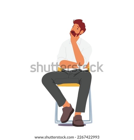 Man With Serious Expression Sitting On Wooden Chair Looks Pensive And Reflective. Middle-aged Male Character Thinking Search Solution Isolated On A White Background. Cartoon People Vector Illustration