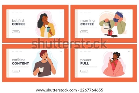 Tired Sleepy People Needing Coffee Landing Page Template Set. Drowsy Characters In Need Of A Caffeine Fix or Energy Drinks. Struggle To Be Awake And Alert for Productivity. Cartoon Vector Illustration