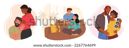 Happy Couples Waiting Baby. Future Parents Young Pregnant Female Characters with their Loving Husbands. Concept of Motherhood, Maternity, Family Relations. Cartoon People Vector Illustration