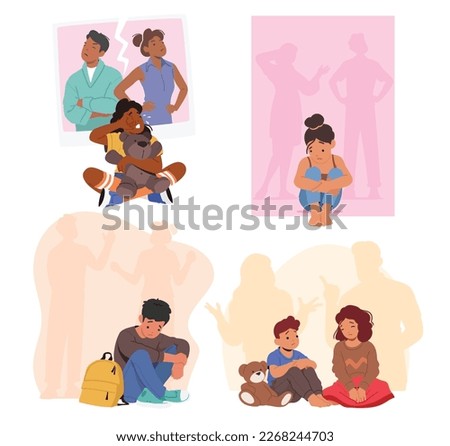 Set Divorce, Family Characters in Trouble, Conflict. Young Child Tears Flow As Parents Relationship Crumbles. Family Strife, Childhood Sorrow Concept. Cartoon People Vector Illustration