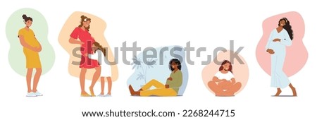 Set of Joyful Pregnant Women With Beaming Smiles, Radiating A Sense Of Happiness And Contentment. Beauty Of Pregnancy, Maternal Health, Prenatal Care Concept. Cartoon People Vector Illustration
