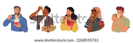 Set of Male and Female Characters Unhealthy Eating Habits. Men and Women Indulging In Fast Food, Burger, Fries, Noodles, Nuggets and Hot Dog with Soda. Cartoon People Vector Illustration