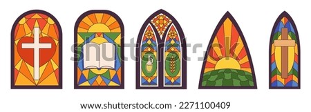 Set of Stained Glass Windows. Church Cathedral Decorative Transparent Colored Windows Frame With Piece Glasses, Beautiful Medieval Sacramental Architectural Elements with Cross, Bible and Sun, Vector