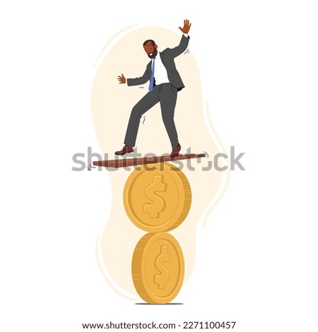 Business Concept Of Financial Instability. Man Attempting To Balance On Coin. Concept of Precarious Nature Of Finances. Economic and Investment Risks and Dasnger. Cartoon People Vector Illustration