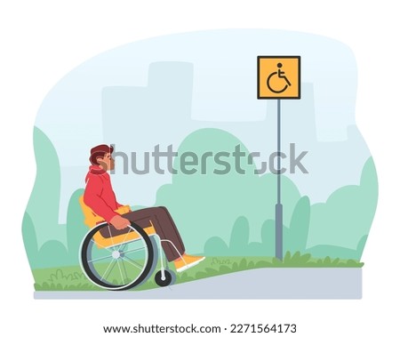 Male Character In Wheelchair Ascending A Ramp On Street, Overcoming Architectural Barriers. Concept of Accessibility, Inclusivity Rights Of People With Disabilities. Cartoon Vector Illustration