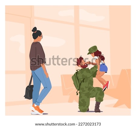 Mother And Daughter Reunite With Their Soldier Dad Who Is In Uniform. Joy Of Homecoming, Military Families Life, Happy Family Meeting Father And Husband Coming Home. Cartoon People Vector Illustration