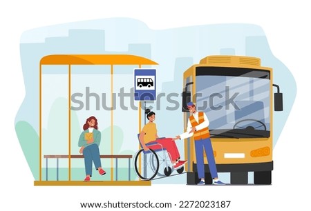 Female Character on Wheelchair Use Ramp To Access Bus. Accessibility And Inclusivity And Concept for Public Transportation Services Or Advocating For Disability Rights. Cartoon Vector Illustration