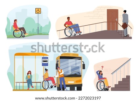 Set of Disabled People On Wheelchairs Using Ramps To Access Buildings, Streets, Transport Or Other Places. Concept Of Accessibility, Inclusion, And Disability Rights. Cartoon Vector Illustration