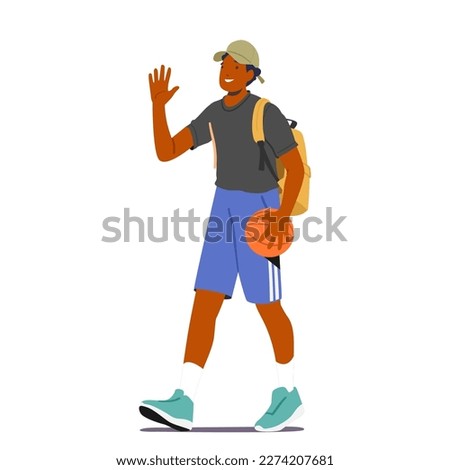 Cheerful Male Character With Backpack and Basketball Ball Walking Towards A Gym. Man Engaged in Sports, Fitness And Wellness, Concept of Sporting Events and Health. Cartoon People Vector Illustration