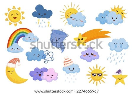 Cartoon Weather Characters Depicting Various Weather Conditions Sun, Rain, Snow, Thunderstorm, And Wind. Set of Icons For Creating Educational Materials, Children's Books. Cartoon Vector Illustration