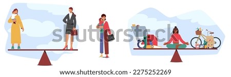 Woman Balancing A Career And Motherhood On Scales, Challenge Of Choosing Between The Two Promoting Women's Rights, Gender Equality Or Work-life Balance Themes. Cartoon People Vector Illustration