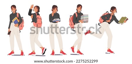 Set Student Girl With Backpack And Books in Different Poses and Motion Walk, Stand, Run. Concept of Female Character Education, Back to School, College Or University. Cartoon Vector Illustration