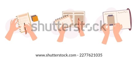 Top View Of Hands Writing Or Making Notes On Paper Notebook Or Diary. Character Write Educational Materials in Office or Conferences, Business Concept. Cartoon Vector Illustration, Icons