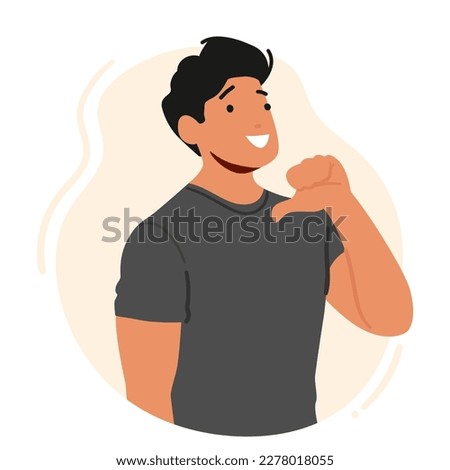 Confident Man Pointing At Himself With A Big Smile, Radiating Positivity And Self-assurance. Male Character Promoting Self-esteem, Self-help, Motivation, Personal Branding. Cartoon Vector Illustration