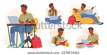 Set Student Male Character in Different Situations Learning, Prepare for Exam, Work on Laptop, Sitting at Desk with Books. Education, Back to School, College Or University. Cartoon Vector Illustration