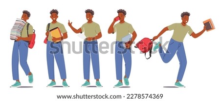 Set Student Boy With Backpack And Books in Different Poses and Motion Walk, Stand, Run. Concept of Male Character Education, Back to School, College Or University. Cartoon People Vector Illustration