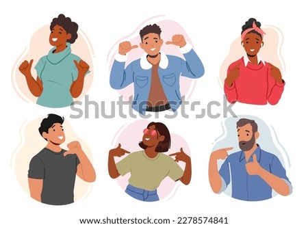 Set of Enthusiastic Male and Female Characters Pointing Towards Themselves With Sense Of Pride And Accomplishment. Self-confidence, Positivity, Personal Development. Cartoon People Vector Illustration