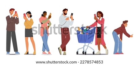 Set of Young Characters with Phones, Smartphone Communication Concept. Men and Women Holding Mobiles Chatting in Social Media, Pass Recognition on Screen, Texting. Cartoon People Vector Illustration