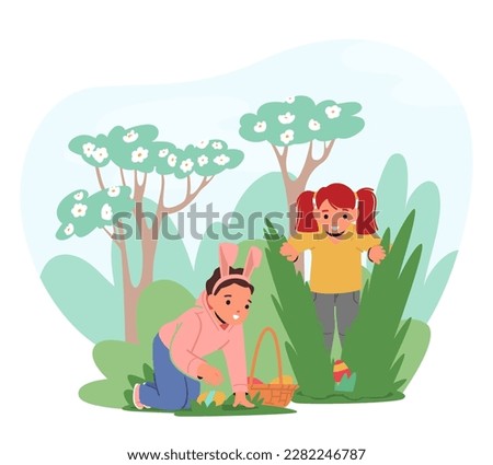 Children In Garden Searching For Hidden Easter Eggs. Excitement Of A Treasure Hunt For Easter-related Events, Family Activities Or Marketing Easter-related Products. Cartoon Vector Illustration