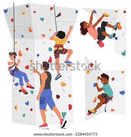 Set of Children Characters Scale A Climbing Wall With Help Of Their Trainer. Concept of Thrill Of Outdoor Adventure, Healthy Physical Activity And Teamwork Promo. Cartoon People Vector Illustration