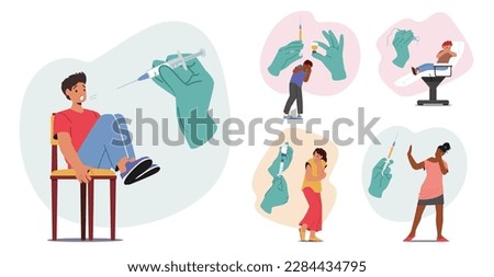 Set of Characters Experience Common Phobia Of Injections, Displaying Anxiety And Fear. Reaction Leading To Avoidance Behavior And Impacting Their Medical Treatment. Cartoon People Vector Illustration